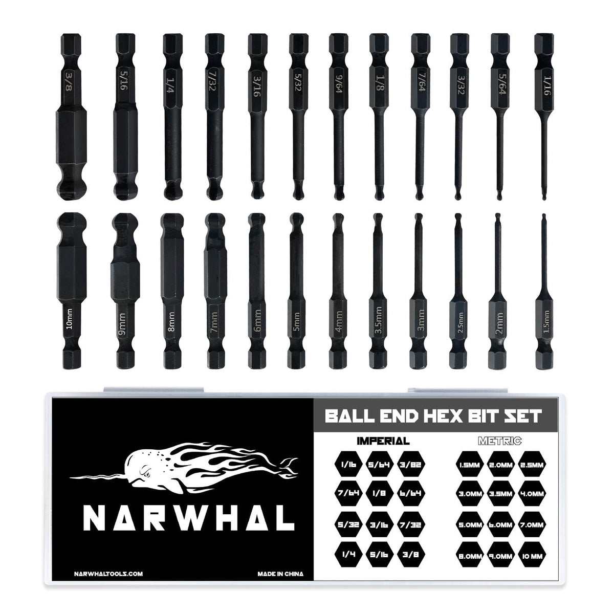 Narwhal ball end hex bit set with 24 pieces for quick, precise fastening.