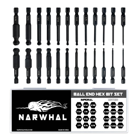 Narwhal ball end hex bit set with 24 pieces for quick, precise fastening.