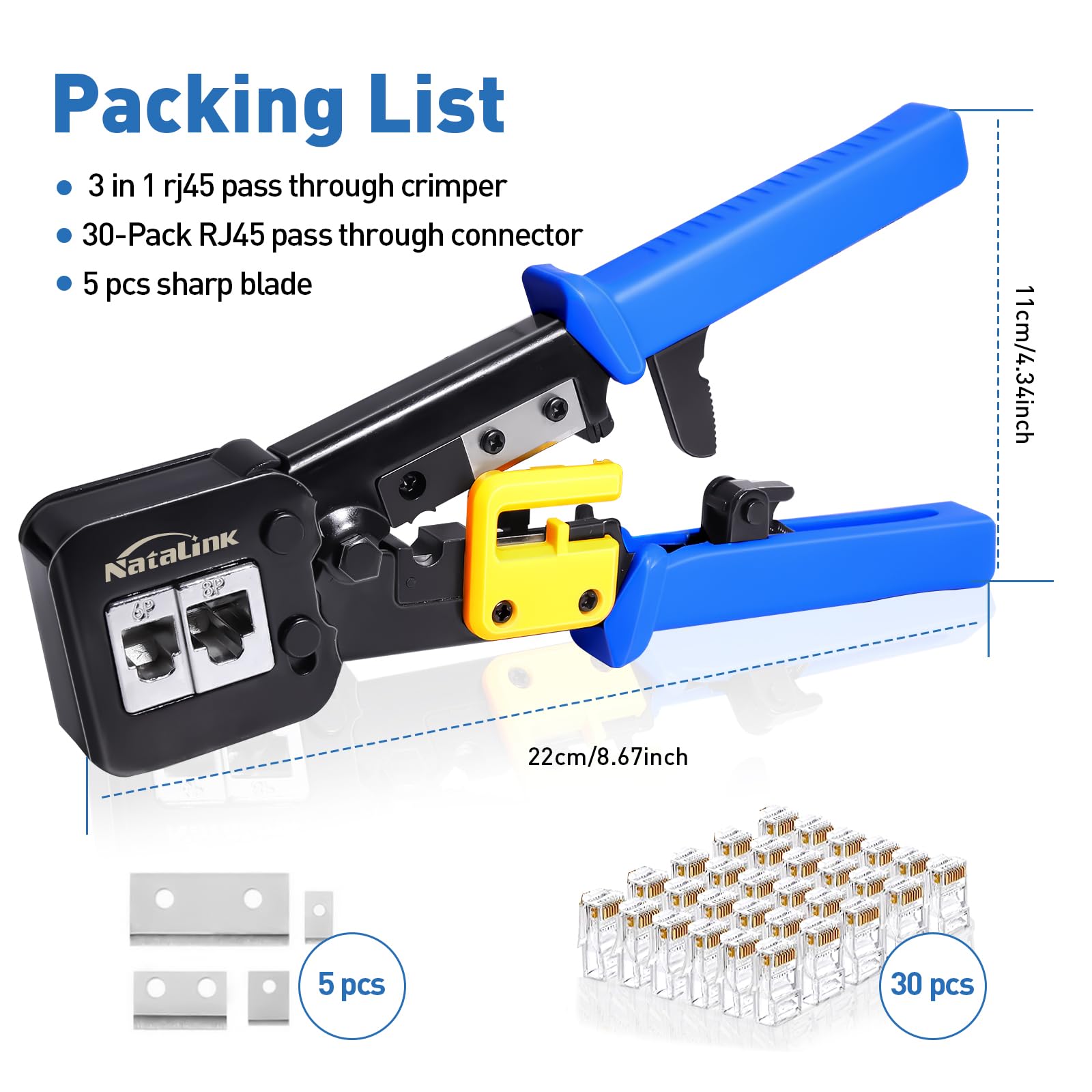 NataLink wire stripping slots handle round and flat cables efficiently.