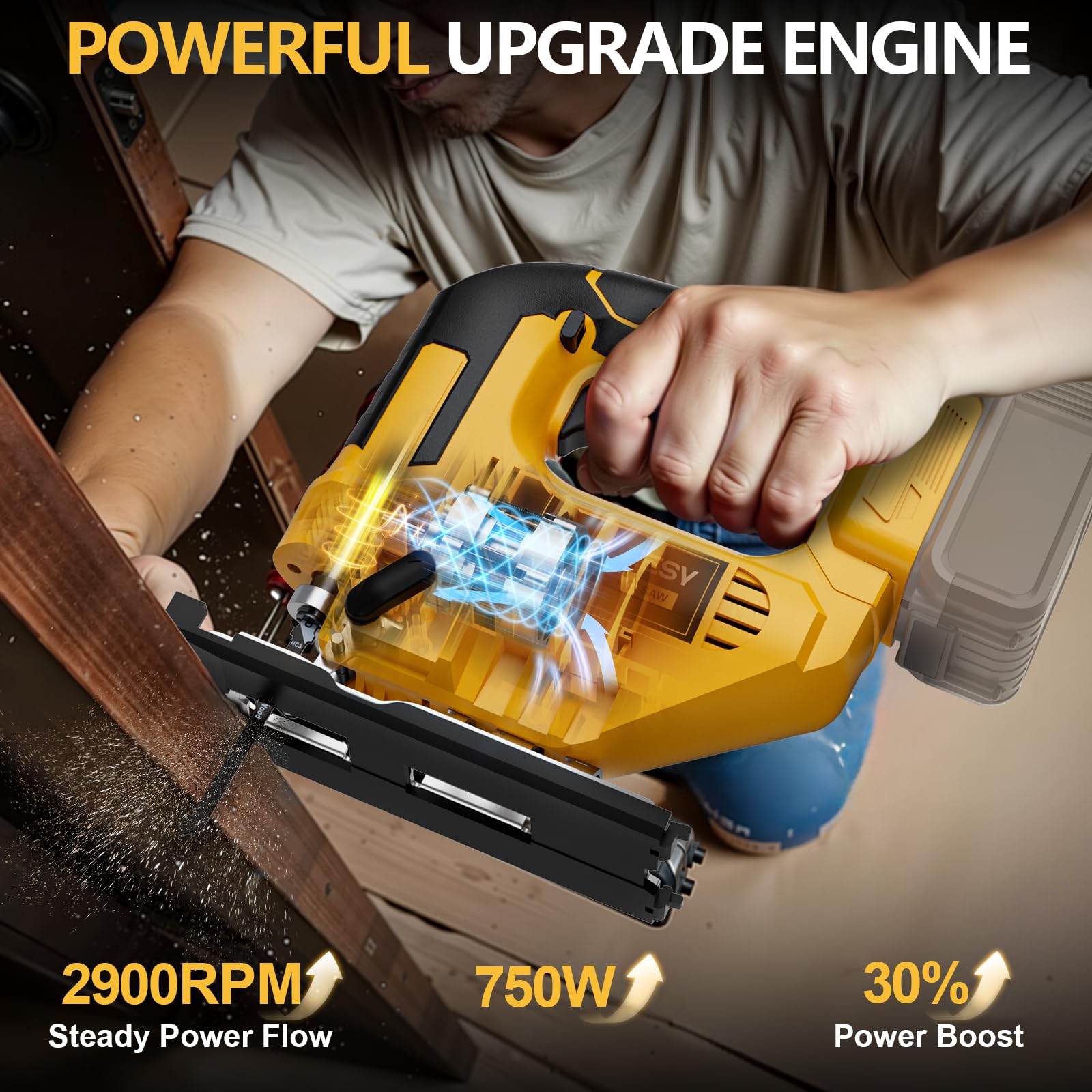 NATBEESY cordless jig saw powered by Dewalt 20V batteries for mobility.