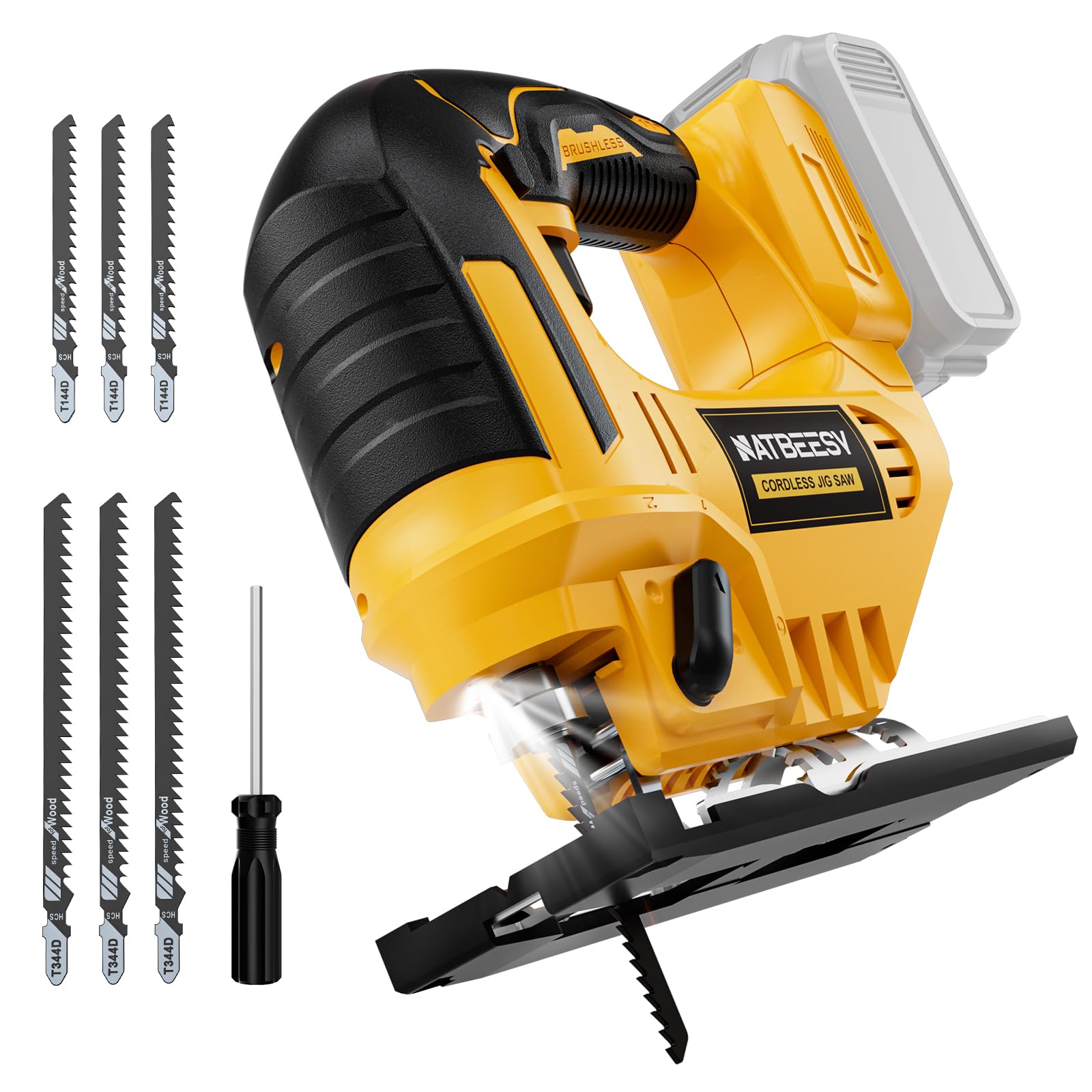 NATBEESY jig saw with LED work light for precise cuts in dim spaces.