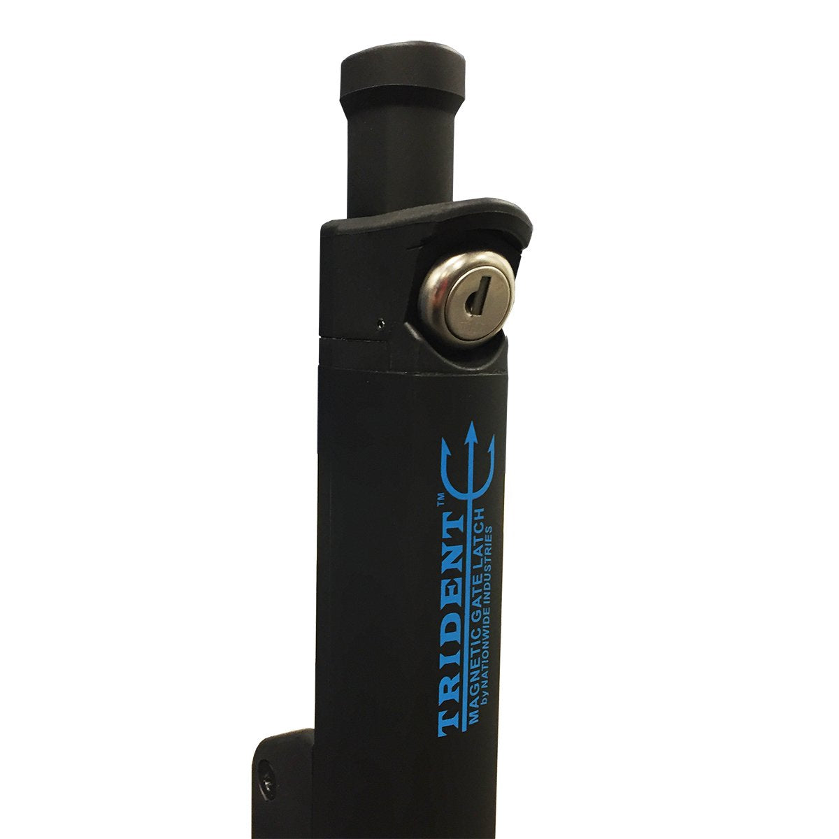 Nationwide Industries Trident latch installed on a gate, close-up of mounting hardware