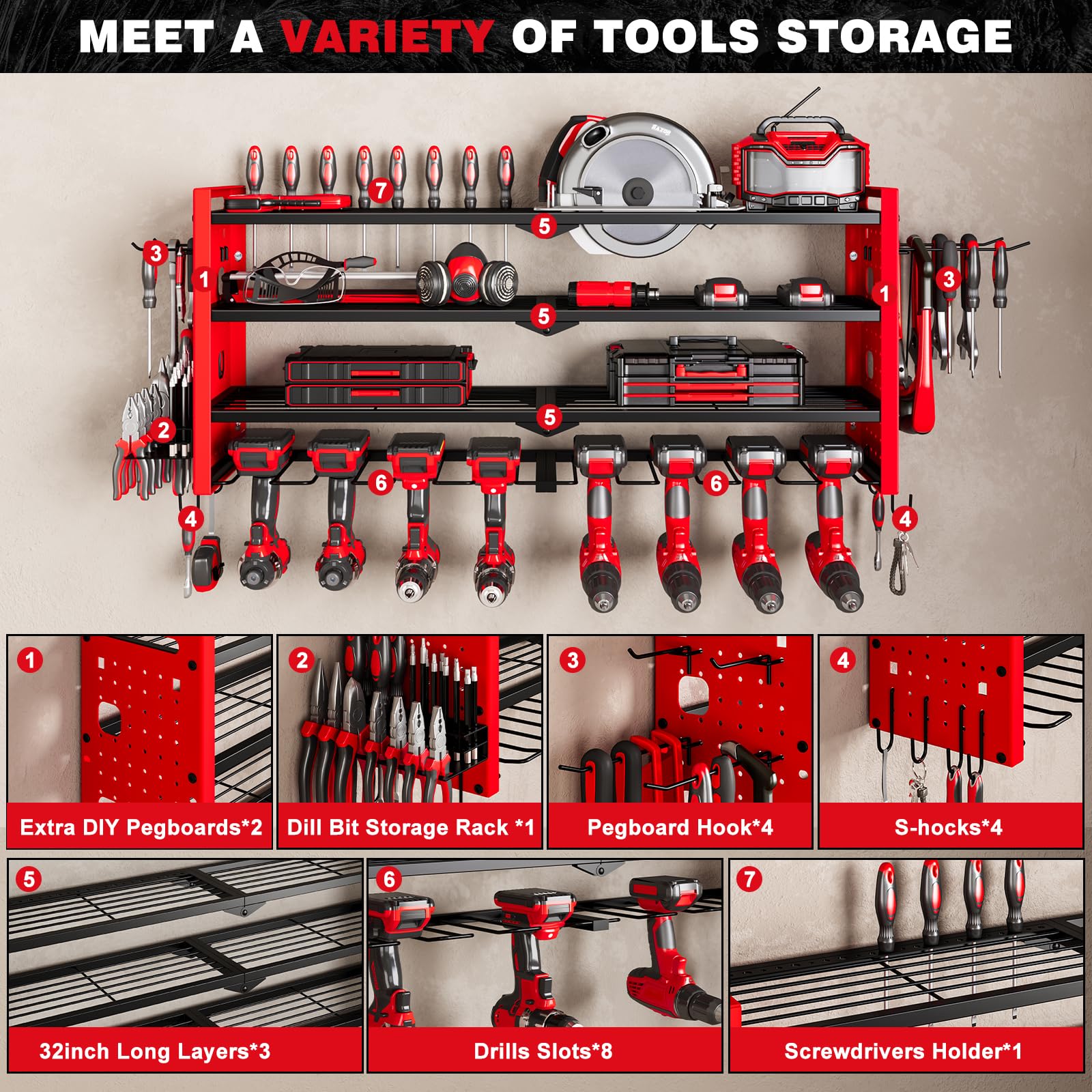 NattyDot power tool organizer with eight drill holders.