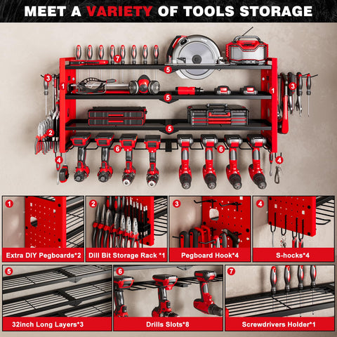 NattyDot power tool organizer with eight drill holders.