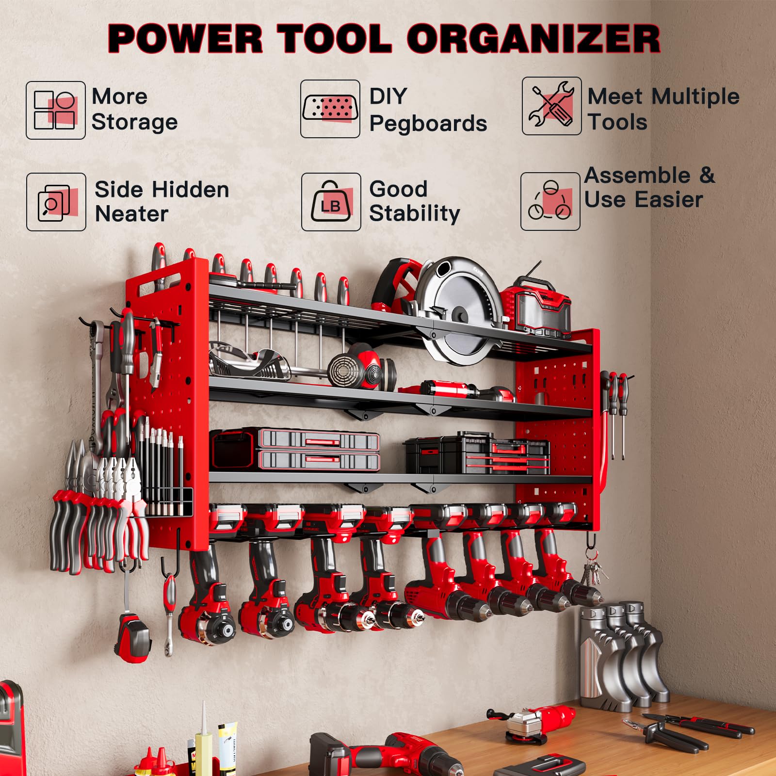 NattyDot pegboard-side storage keeps small tools within reach.