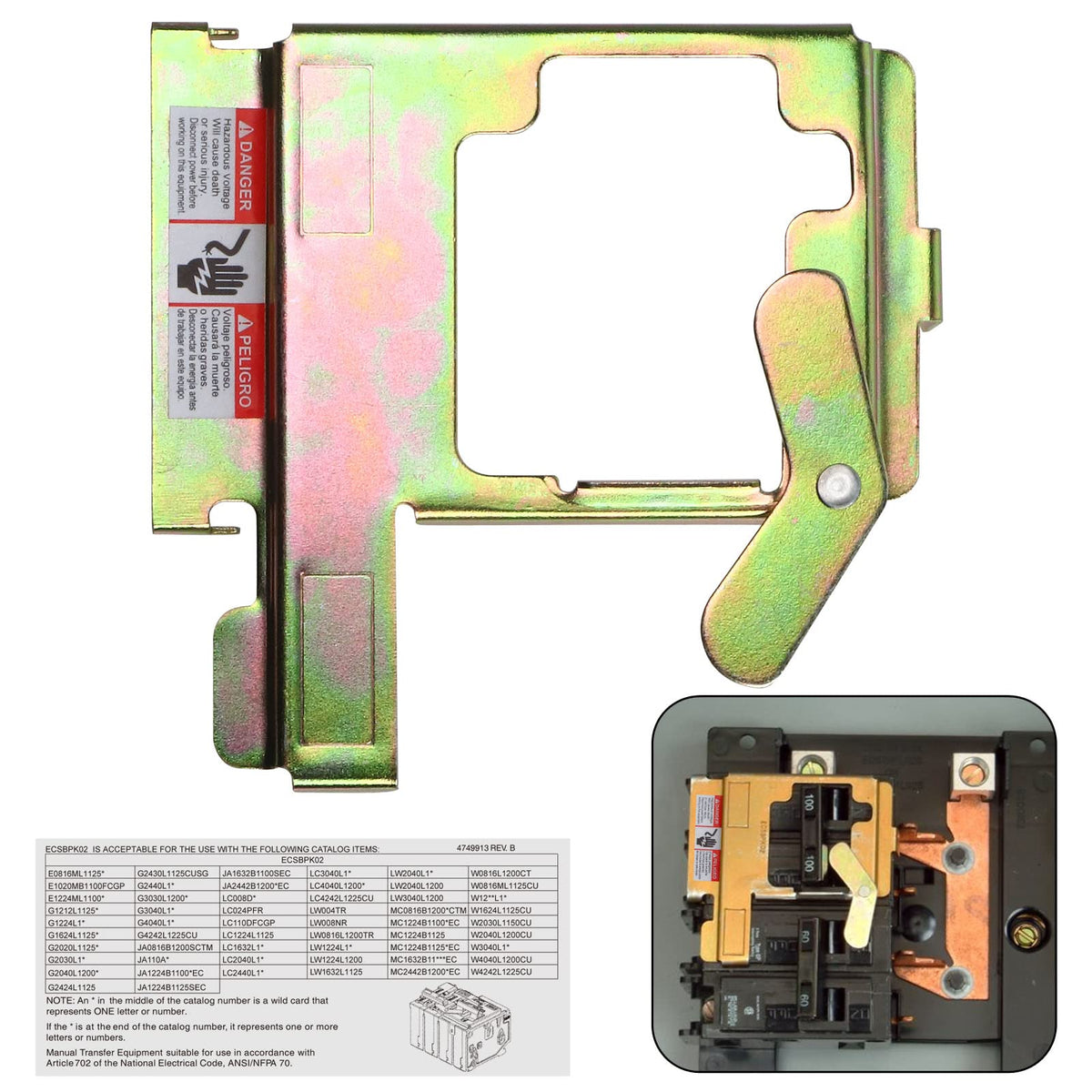 Natupal generator interlock plate installed on the main breaker for safe power transfer.