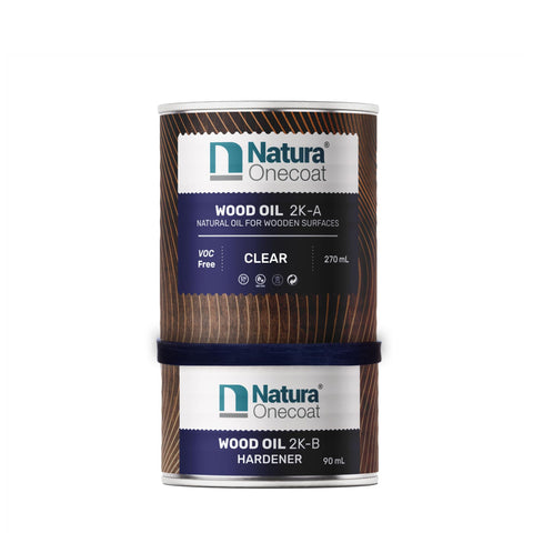 Natura Onecoat Wood Oil bottle applying a durable clear finish for interior wood