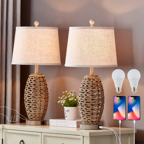 Natural rattan table lamps set 2 assembly view for rustic ambiance in living room