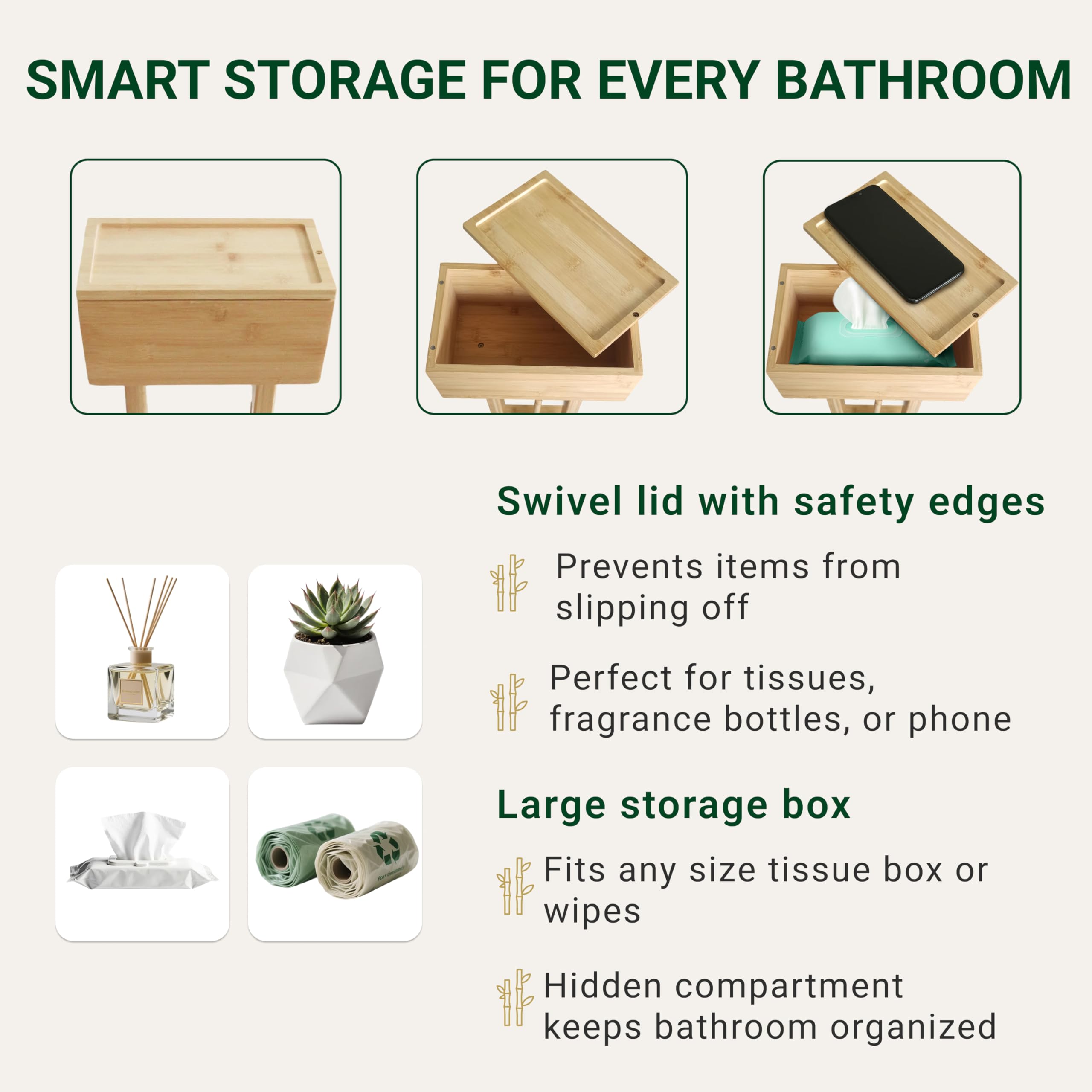 NaturaWood freestanding bathroom organizer with rotating lid for convenient dispensing.