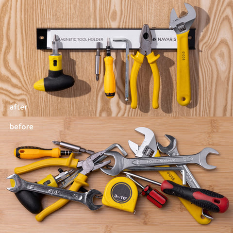Navaris heavy-duty rack holds up to 30 lbs, a sturdy workshop storage solution.
