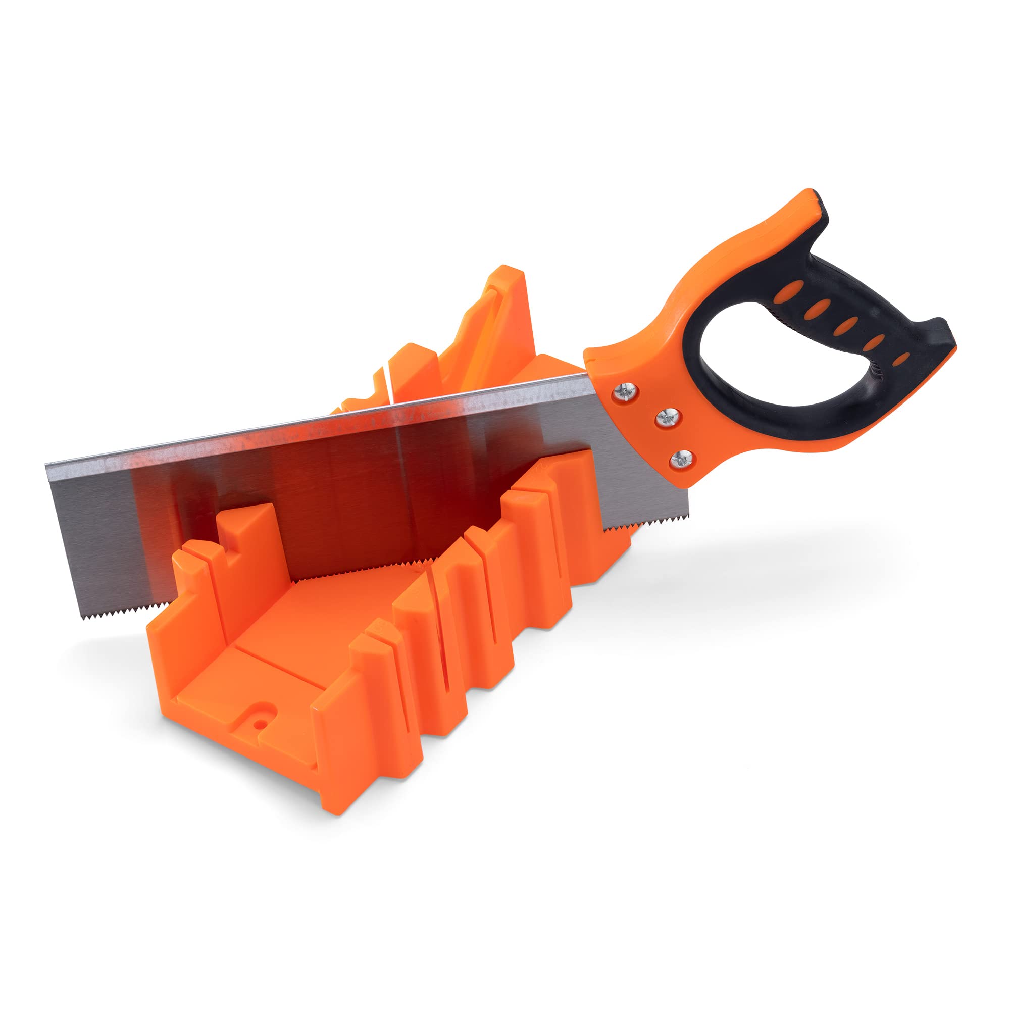 Navaris miter box with saw demonstrating precise angle cutting for woodwork