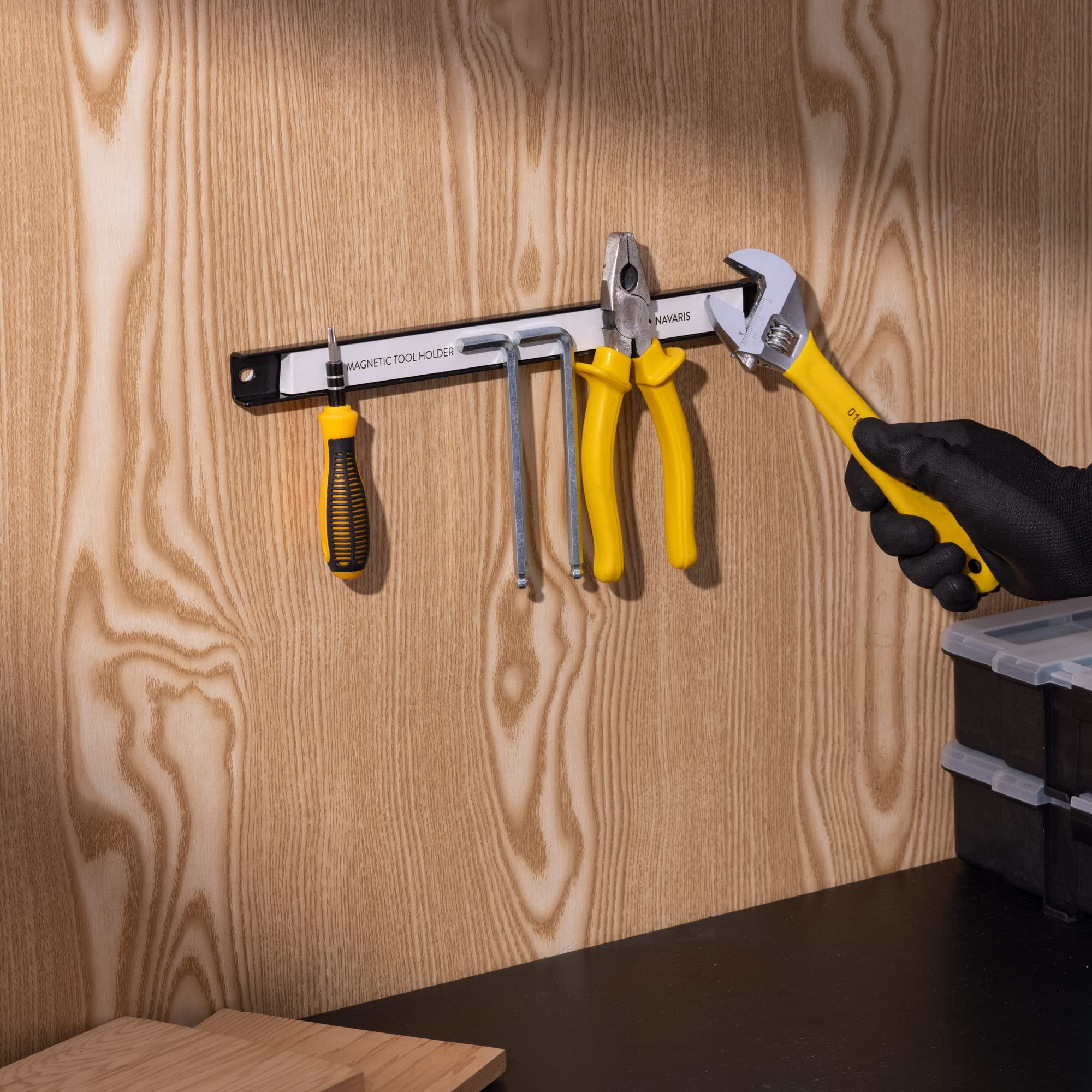 Navaris pliers and snips hang neatly, boosting workspace efficiency.