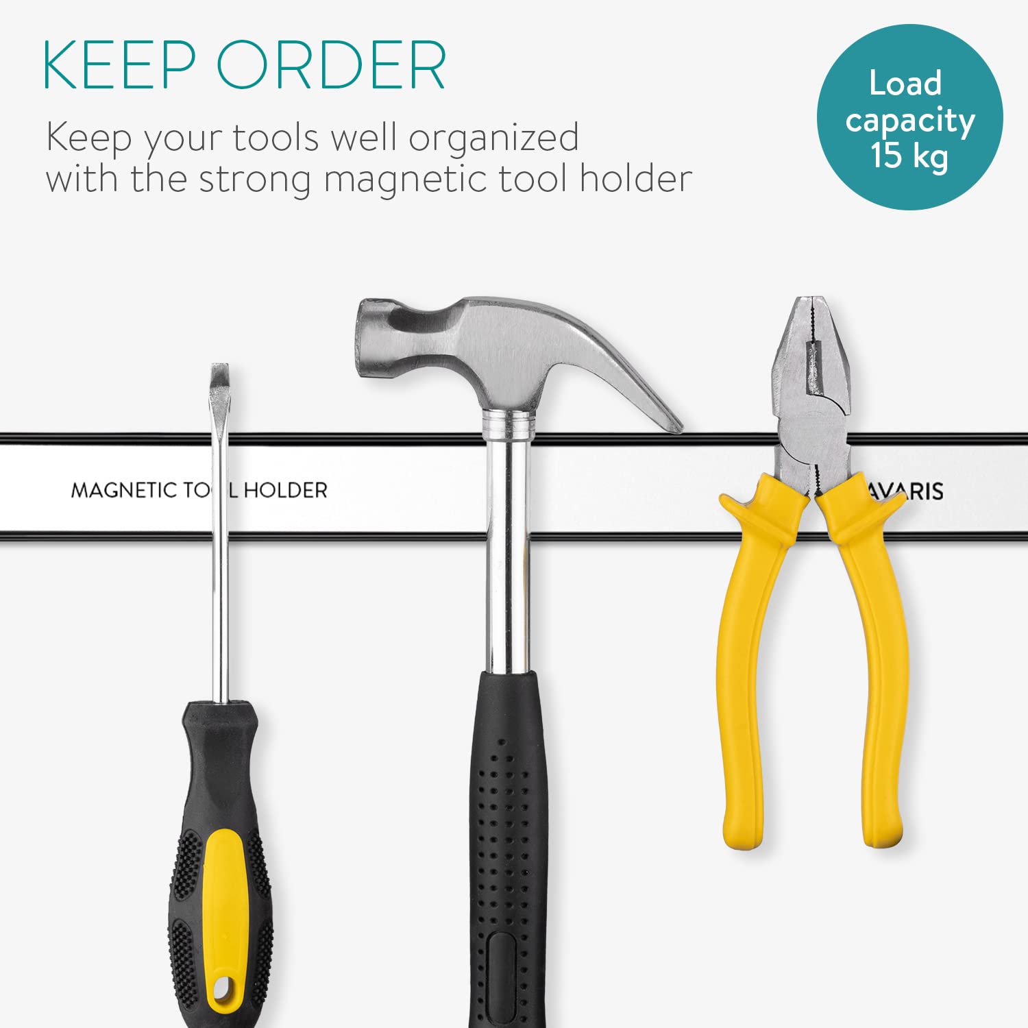 Navaris wall-mounted magnetic strip keeps tools organized and off the floor.