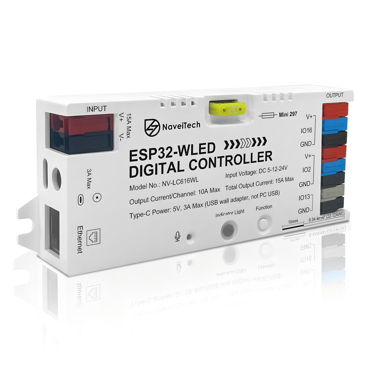 NaveiTech ESP32 WLED controller front view for reliable, scalable LED installations