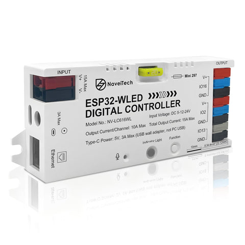 NaveiTech ESP32 WLED controller front view for reliable, scalable LED installations
