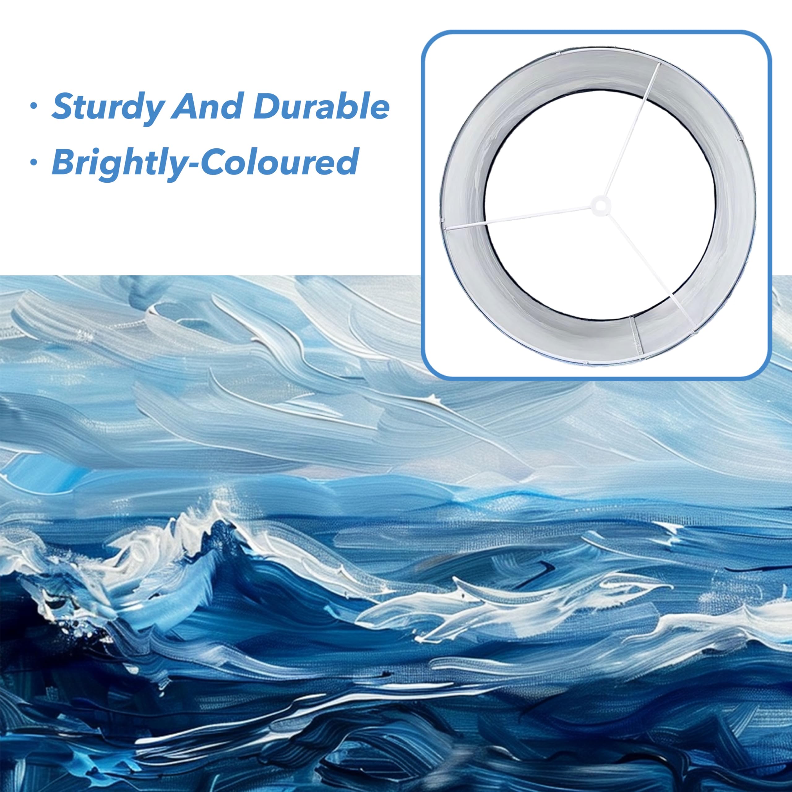 Drum shade enhances living room setup with nautical color pop.
