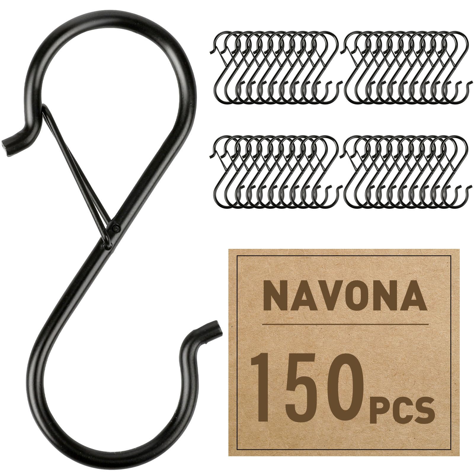 Navona heavy-duty S hook with locking clip for secure kitchen pot and utensil hangers.