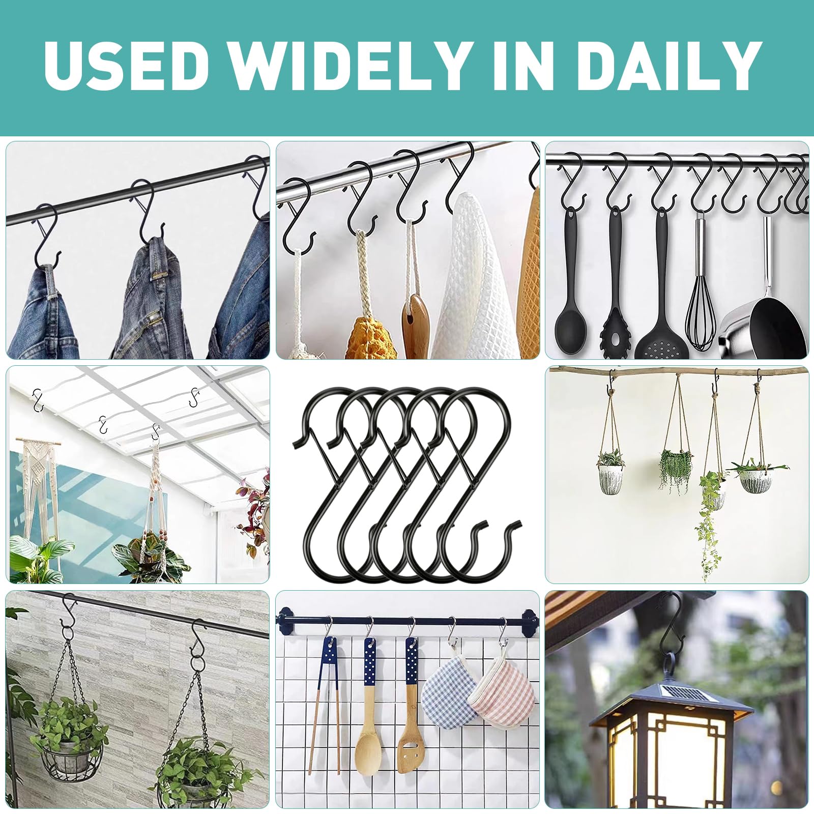 Navona outdoor S hook supports flower baskets and lanterns safely.