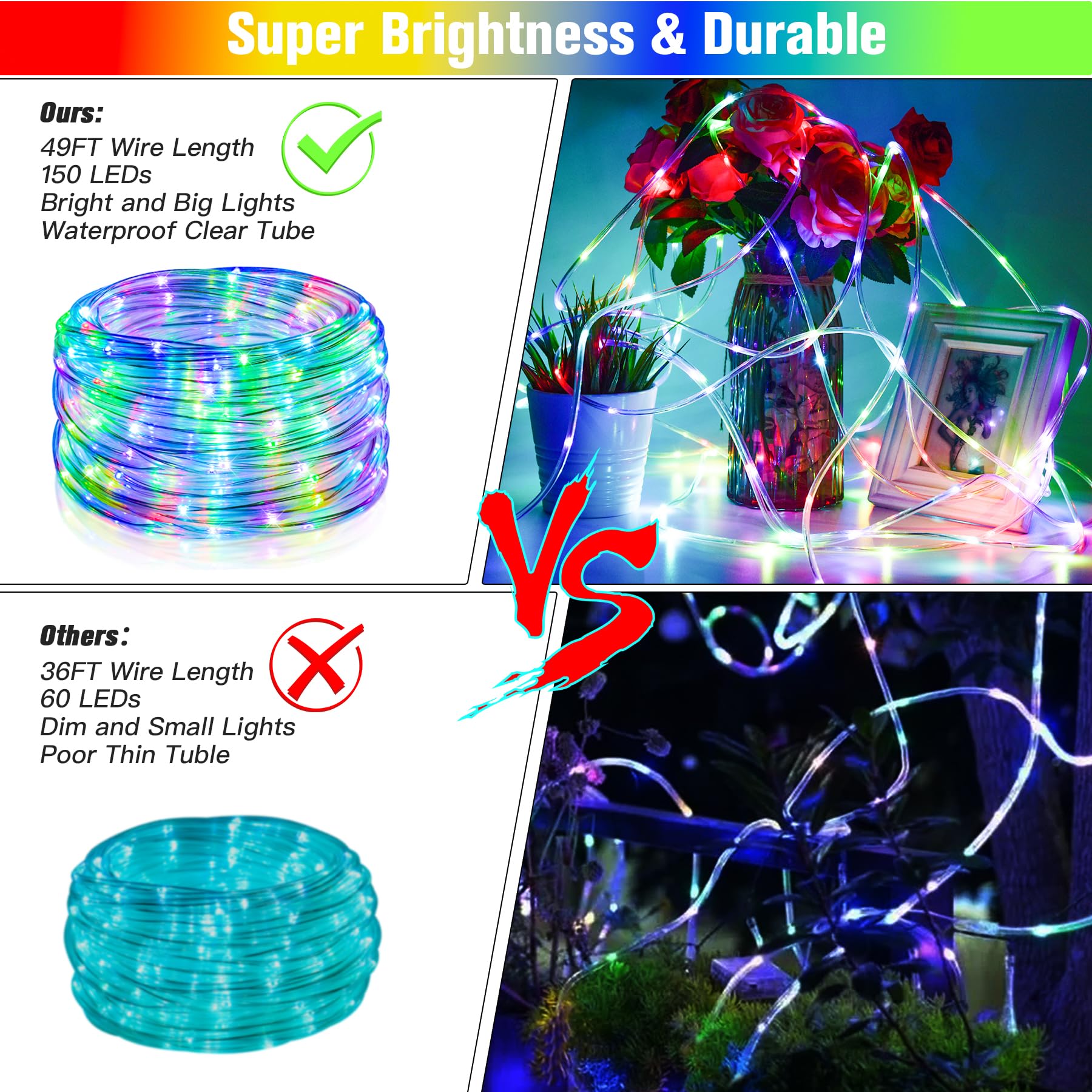 Nazuwke bendable 50ft rope lights frame trees, fences, and decor with ease.