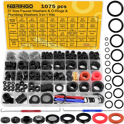 NBRINGO 1075-pcs-kit-overview provides versatile leak-sealing options for faucets and hoses.