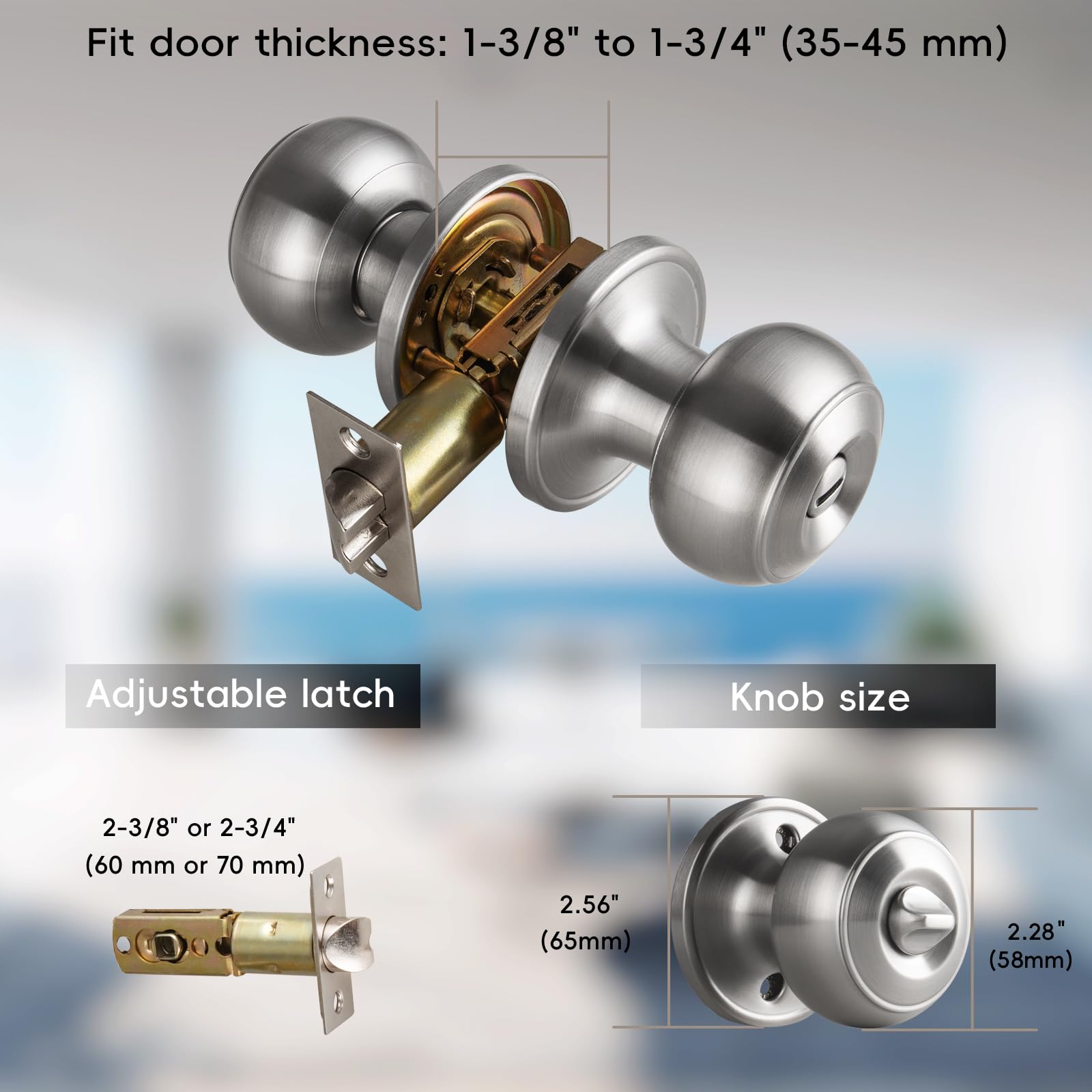 NCSEN brushed nickel door knob shows reversible installation for both door orientations.