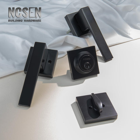 Closeup of the deadbolt on the NCSEN matt black lockset