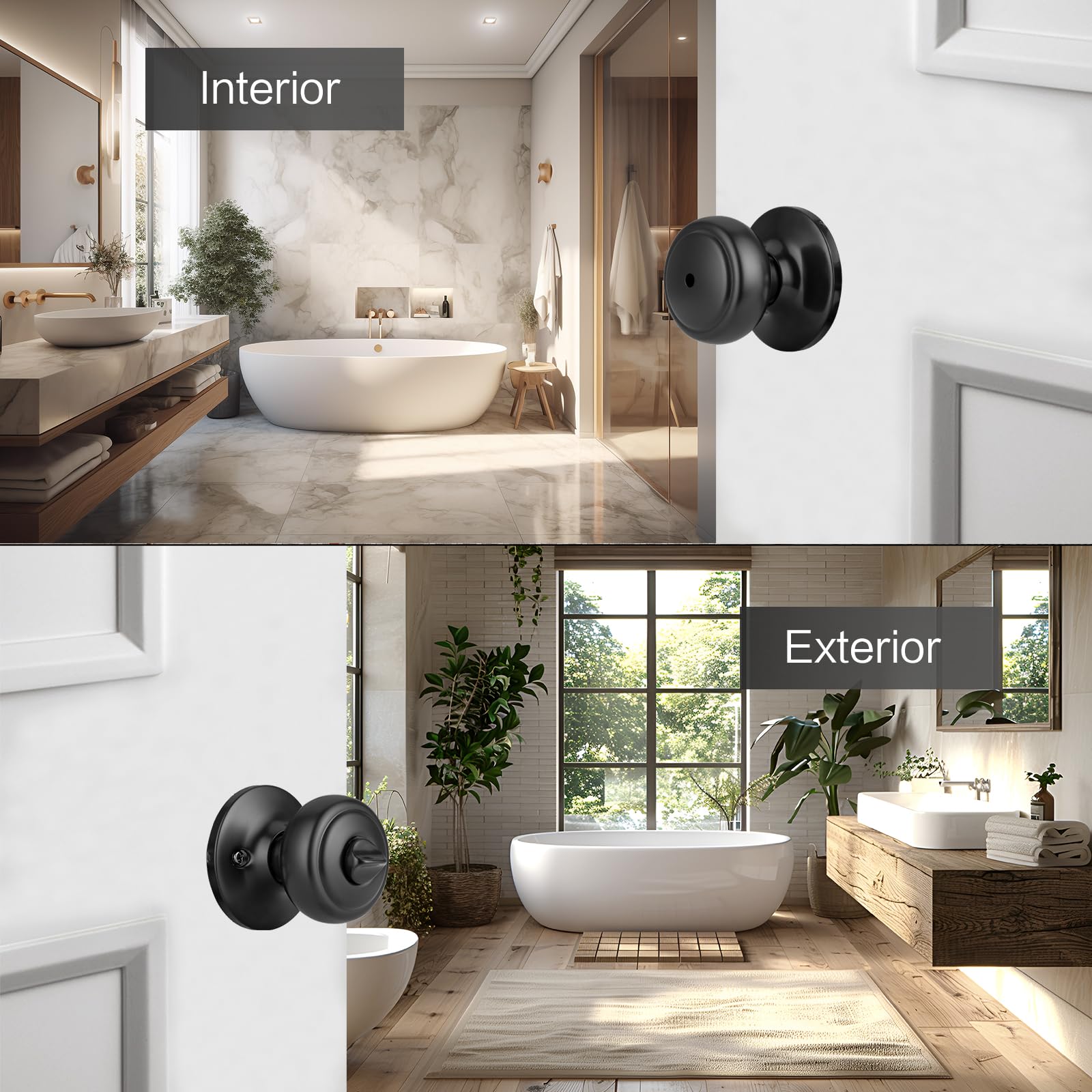 NCSEN matte black door knob with lock close-up showing brass cylinder core and durable finish.