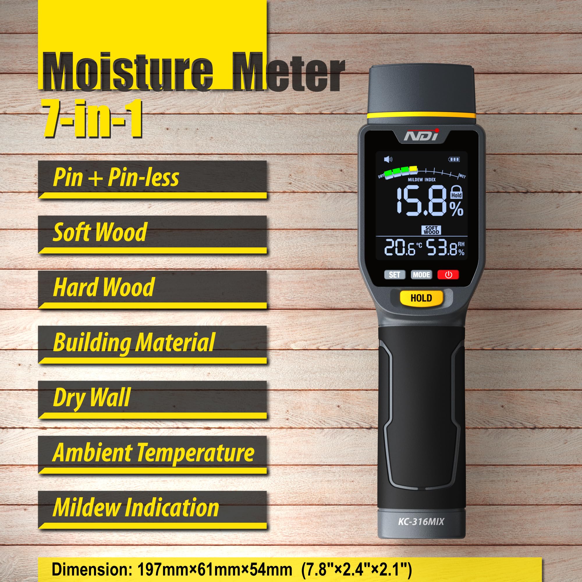 NDI 7-in-1 moisture meter pinless scan detects moisture quickly without punctures