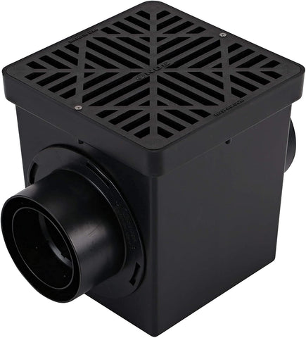 NDS 900BKITRTL1PK square catch basin with two openings for flexible drainage capture.