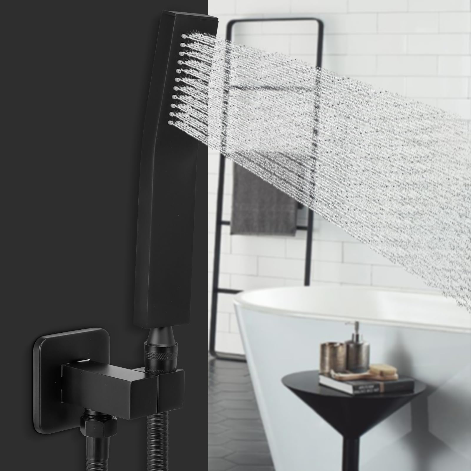 NearMoon matte black bracket contrasting with brass head for modern bathroom style.