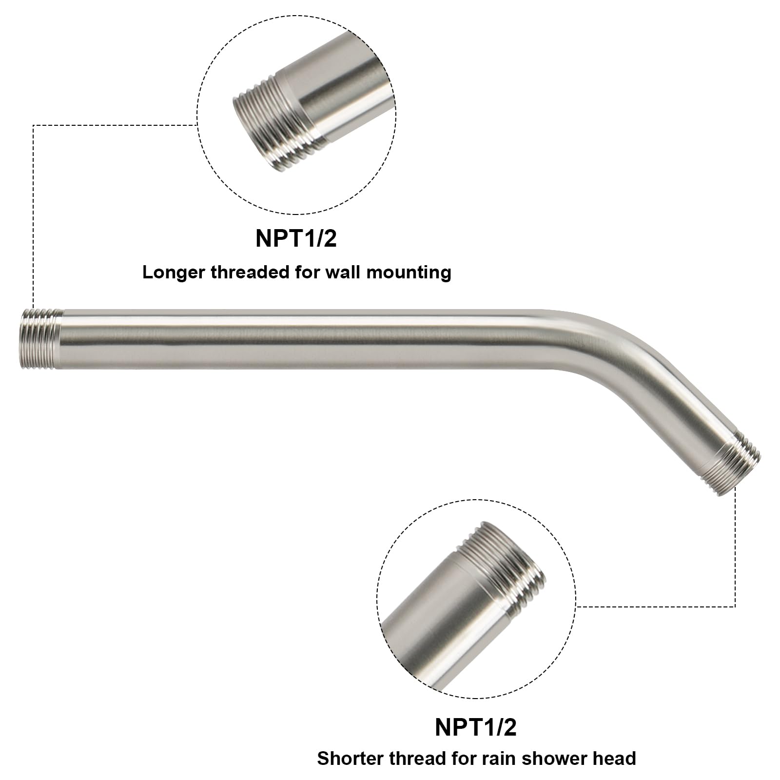 NearMoon shower arm showing 1/2 NPT threaded connection for universal compatibility.