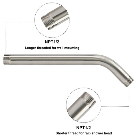 NearMoon shower arm showing 1/2 NPT threaded connection for universal compatibility.