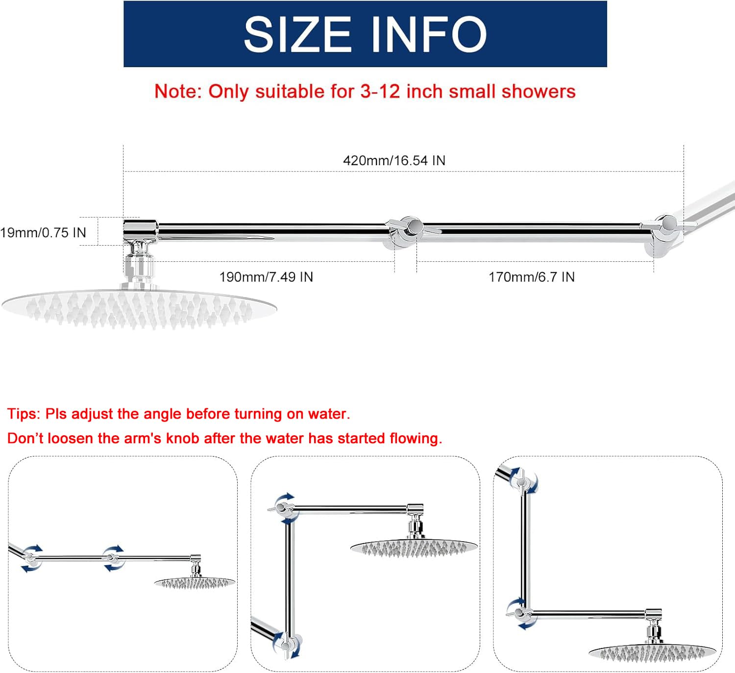 NearMoon adjustable shower arm chrome shows height adjustment for comfort.