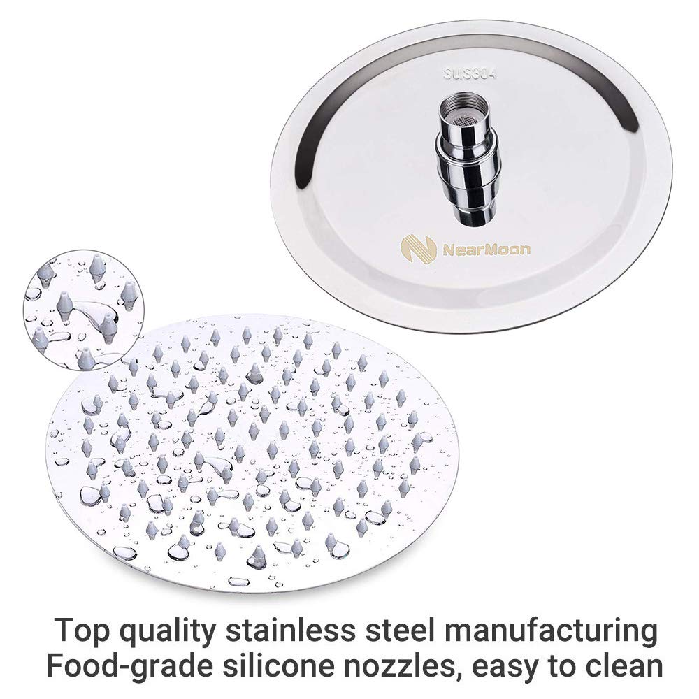NearMoon stainless steel rainfall head with 90 silicone nozzles ensures even water flow