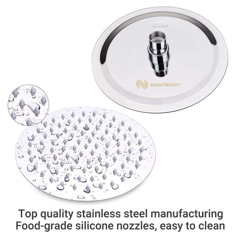 NearMoon stainless steel rainfall head with 90 silicone nozzles ensures even water flow