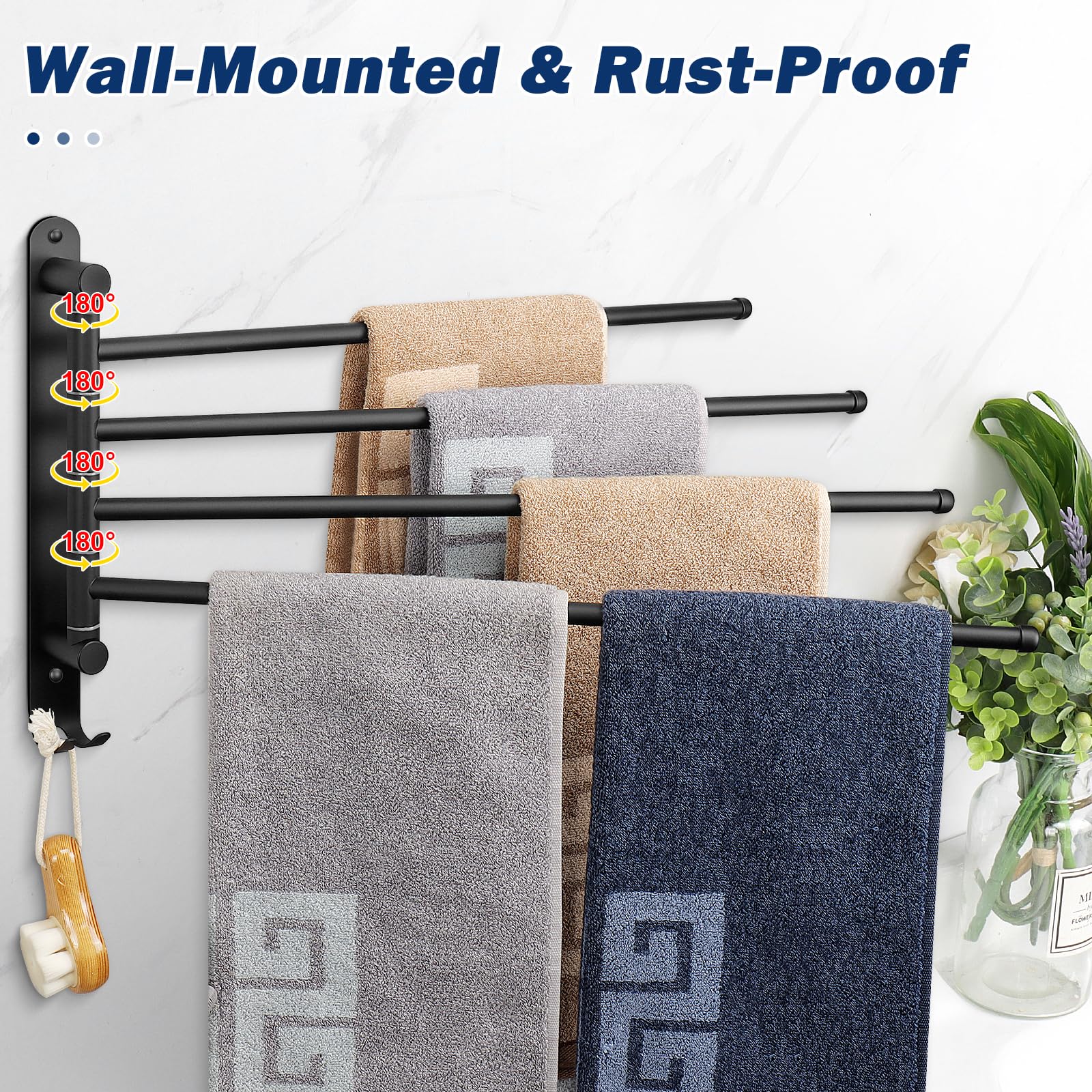NearMoon Swivel Towel Rack features rustproof SUS304 stainless steel construction.