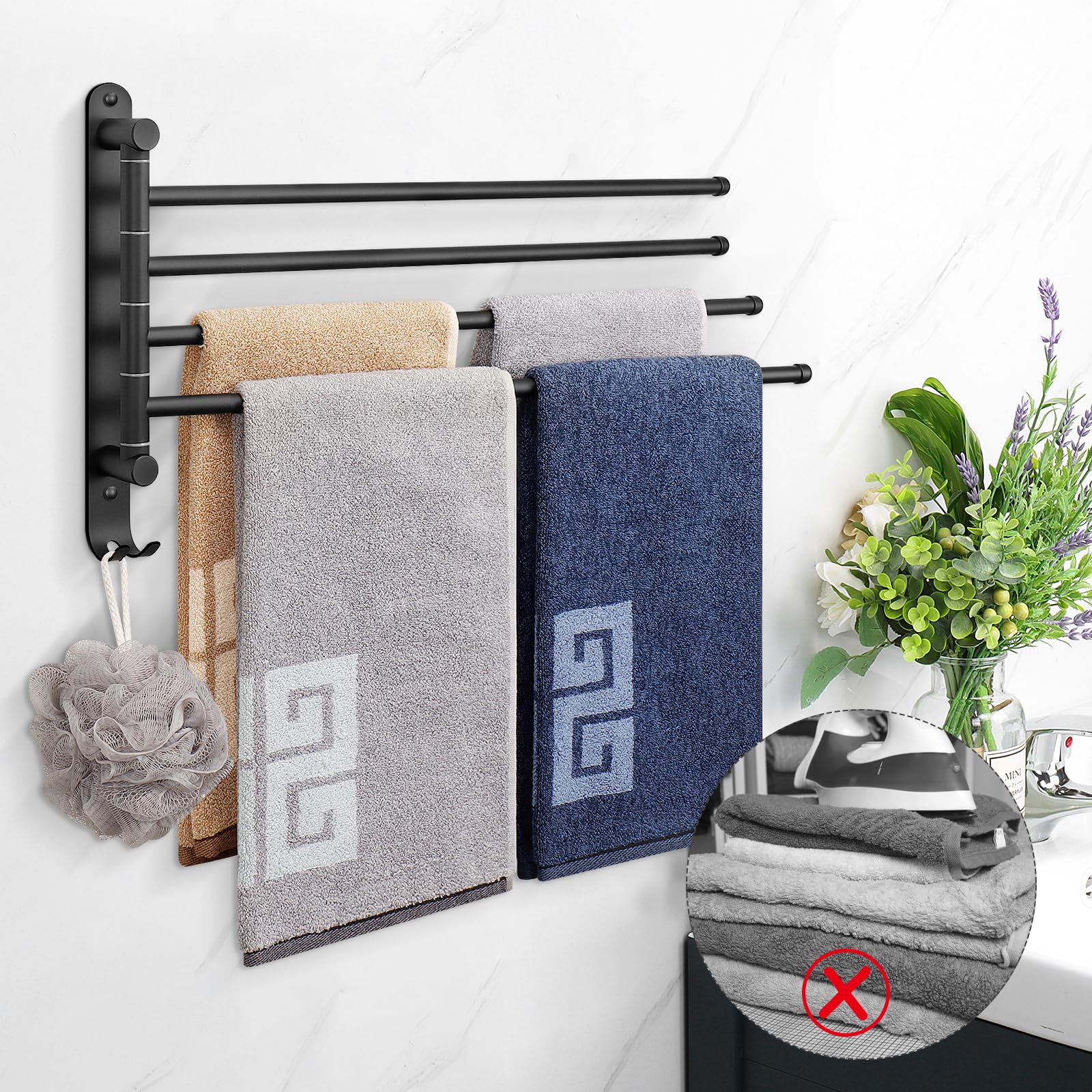 NearMoon Swivel Towel Rack holds towels and kitchen items.