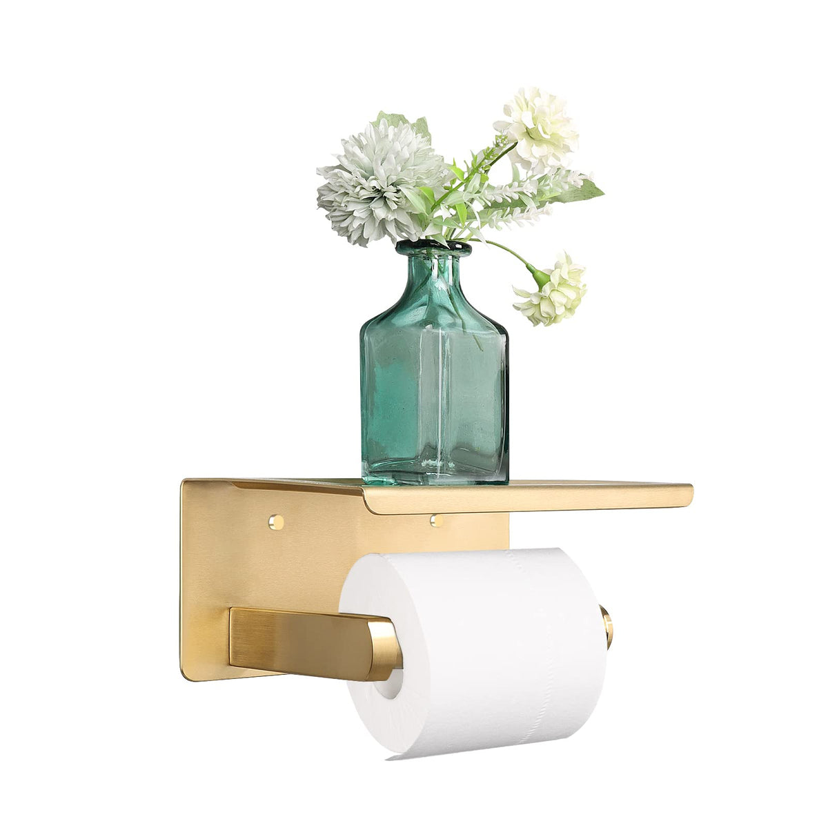 NearMoon toilet paper holder with shelf, brushed gold, front view for elegant storage.