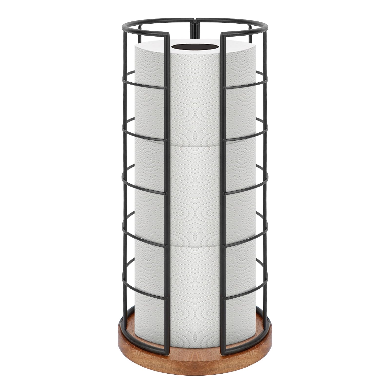 NearMoon toilet paper organizer stand with wooden base and matte black finish, holds 3 rolls.