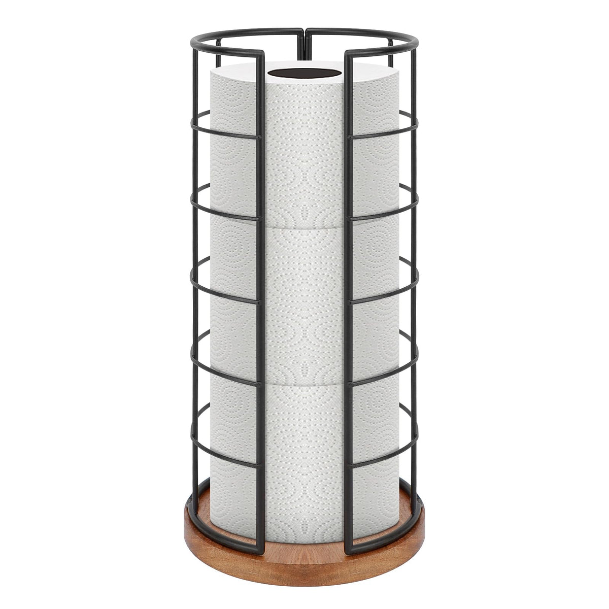 NearMoon toilet paper organizer stand with wooden base and matte black finish, holds 3 rolls.