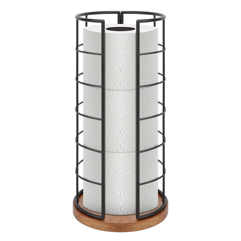 NearMoon toilet paper organizer stand with wooden base and matte black finish, holds 3 rolls.