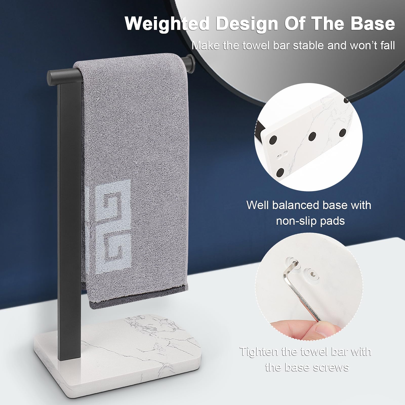 NearMoon towel holder L-shape base provides stable, space-saving design for counters.