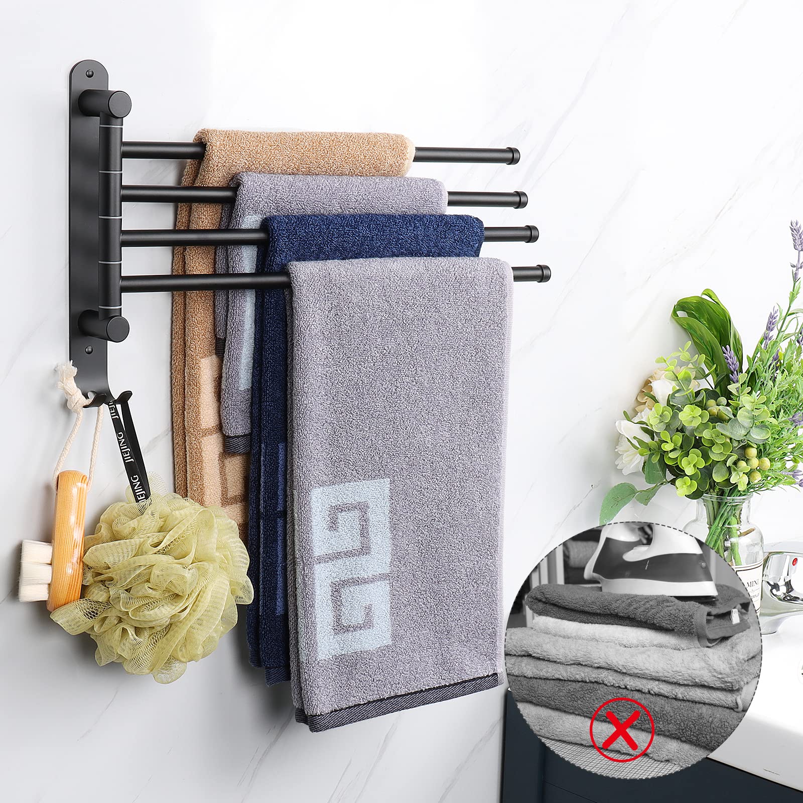 NearMoon towel rack with hook adds extra hanging space.