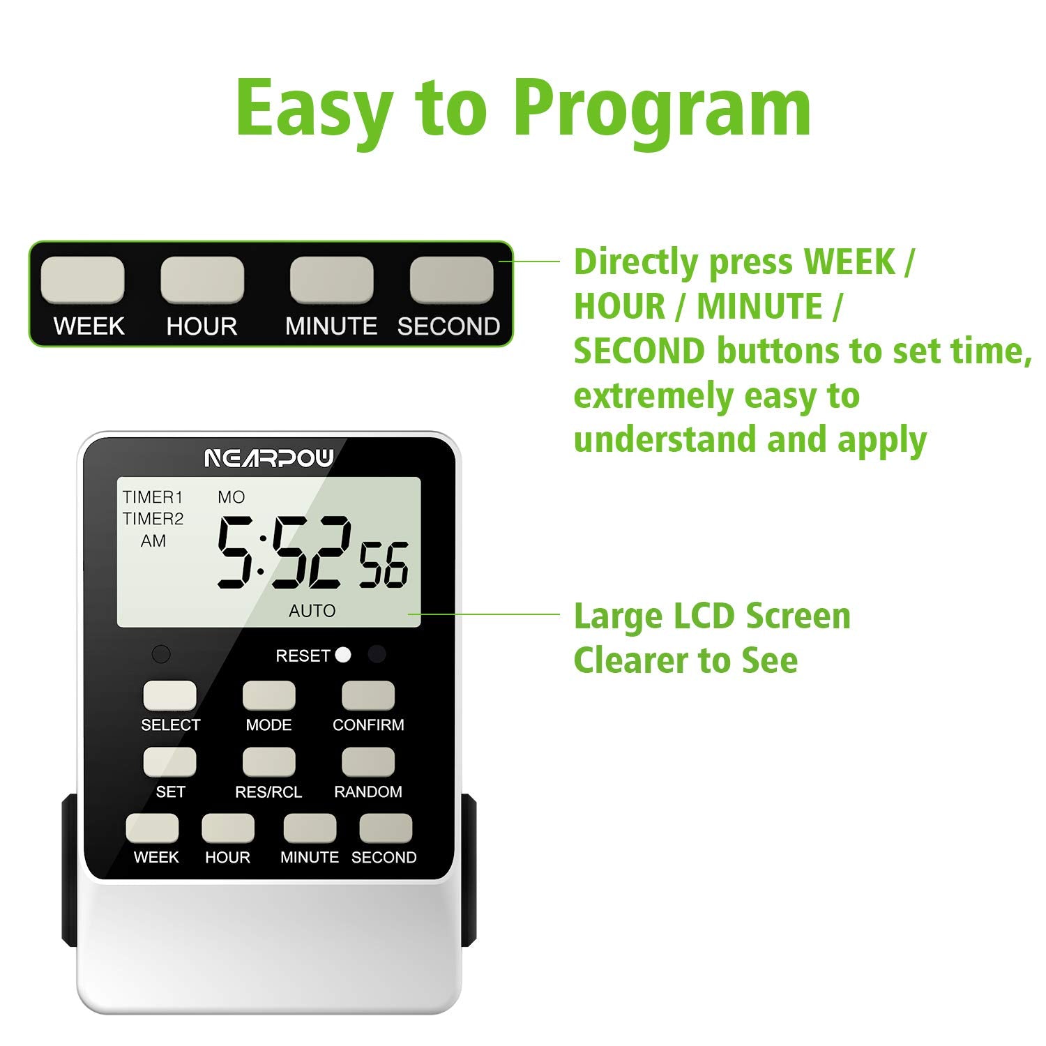NEARPOW 24-hour and 7-day programmable timer for week-long routines.