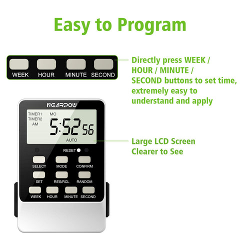 NEARPOW 24-hour and 7-day programmable timer for week-long routines.