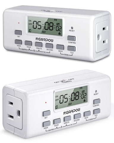NEARPOW digital timer with dual outlets for lamp automation and energy control.
