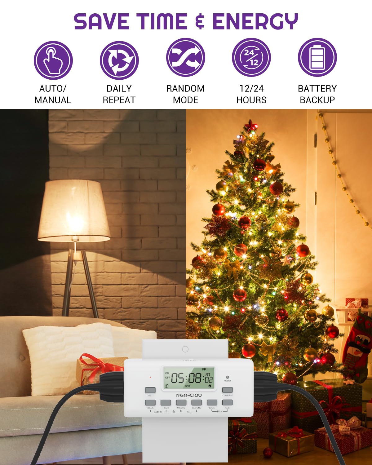 NEARPOW dual-outlet timer side panel shows independent scheduling options.