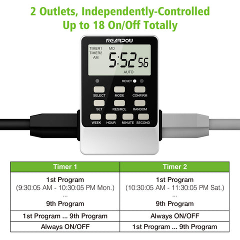 NEARPOW digital timer with 18 ON/OFF programs for automating electronics.