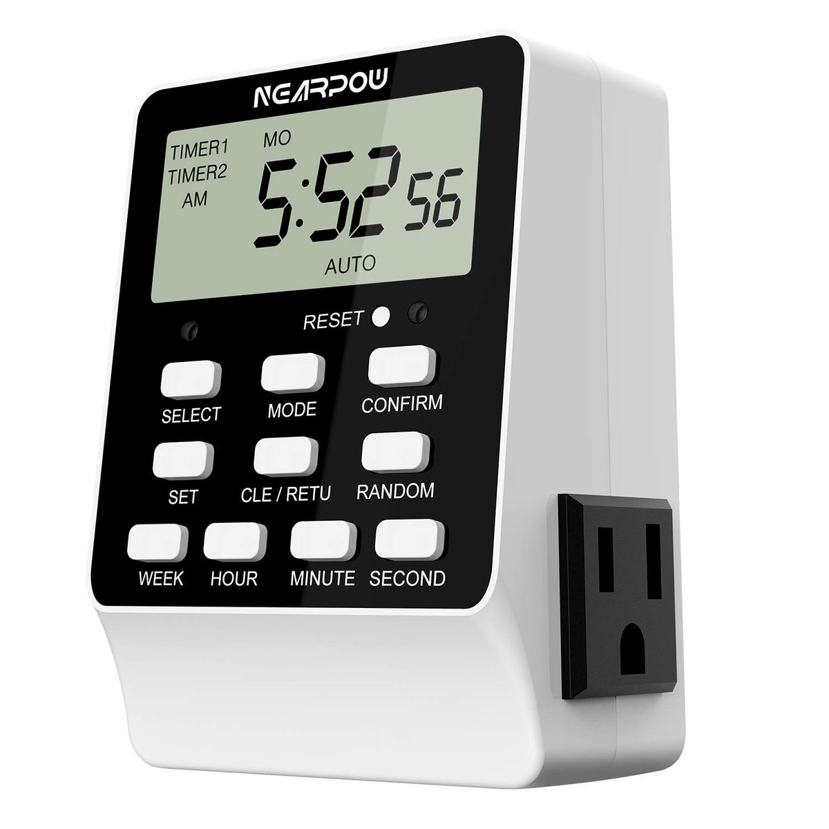 NEARPOW dual-outlet timer controls two devices independently for scheduling.