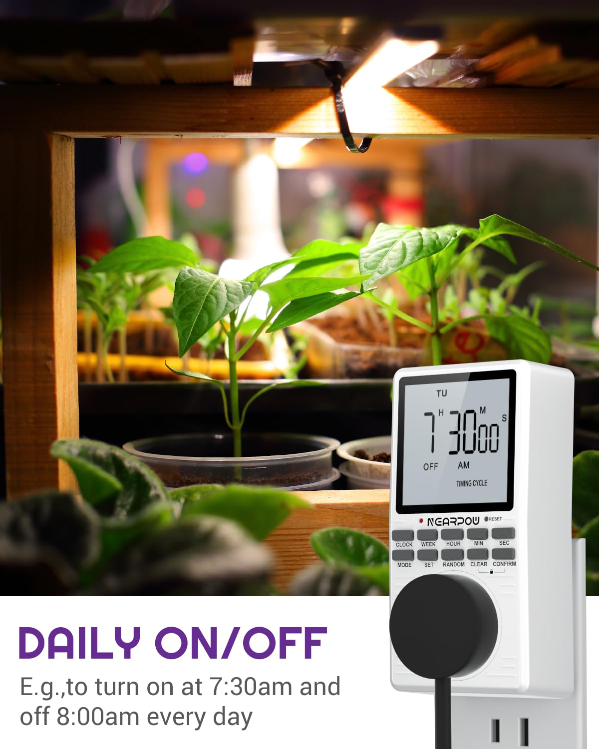 NEARPOW outlet timer seven-day cycle supports custom on/off routines.
